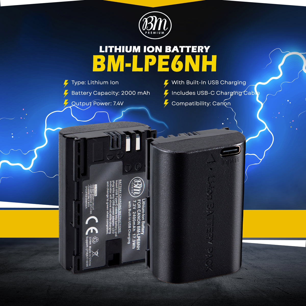 BM Premium LP-E6NH Battery with Built-in USB-C Charging Port